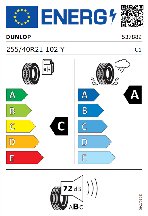 Tyre Label for Dunlop SP Sport Maxx RT 2 255/40R21 102Y