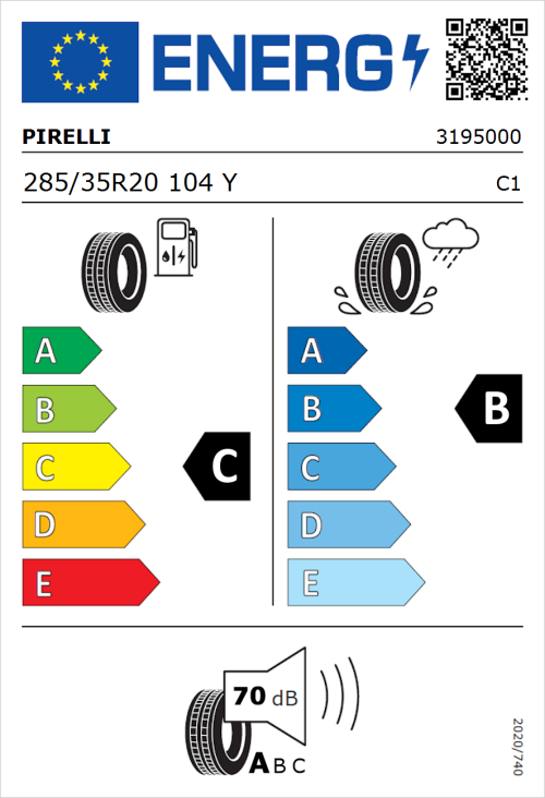 Tyre Label for Pirelli P Zero 285/35R20 104Y