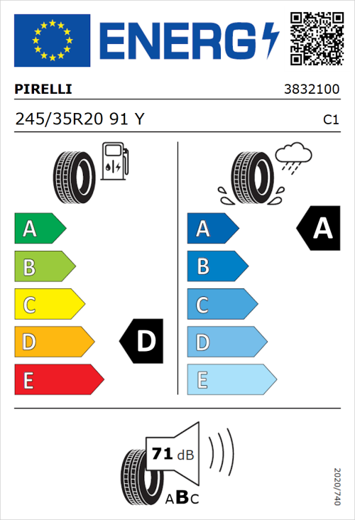 Tyre Label for Pirelli P Zero 245/35R20 91Y