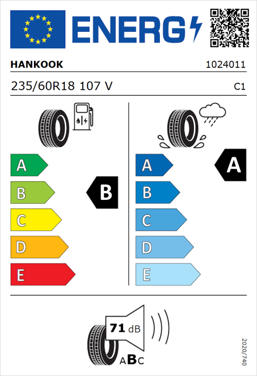 Tyre Label for Hankook Ventus Prime 3 K125 235/60R18 107V