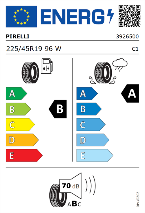 Tyre Label for Pirelli Powergy 225/45R19 96W
