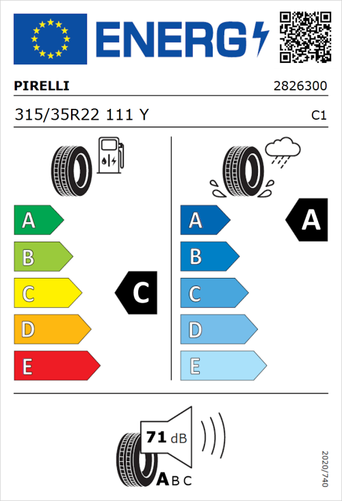 Tyre Label for Pirelli P Zero 315/35R22 111Y