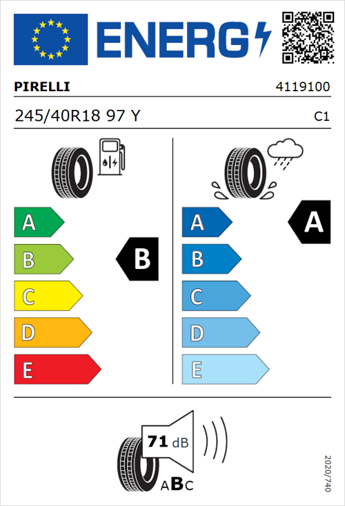 Tyre Label for Pirelli Cinturato P7 (P7C2) 245/40R18 97Y