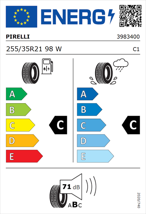 Tyre Label for Pirelli P Zero 255/35R21 98W