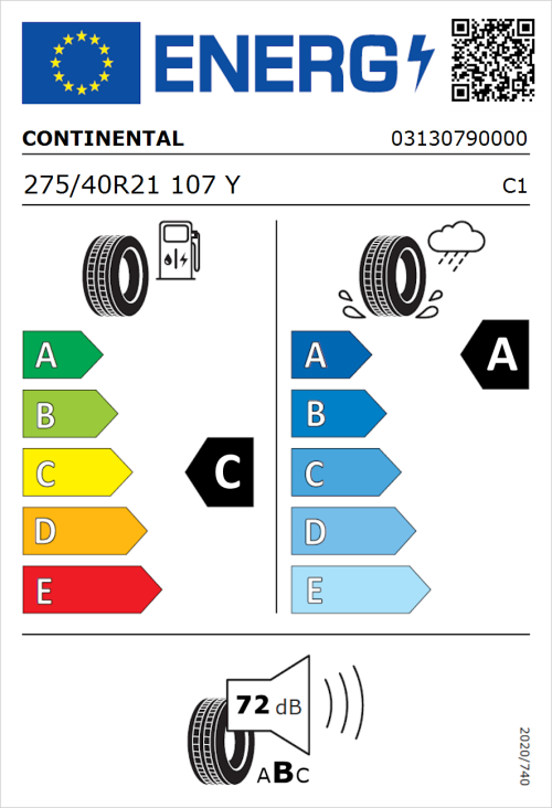 Tyre Label for Continental Premium Contact 7 275/40R21 107Y