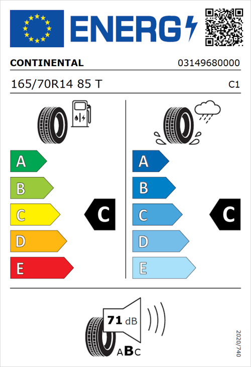 Tyre Label for Continental ContiEcoContact 5 165/70R14 85T