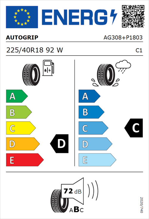 Tyre Label for Autogrip P308 Plus 225/40R18 92W