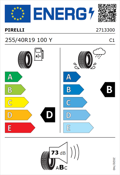Tyre Label for Pirelli P Zero 255/40R19 100Y